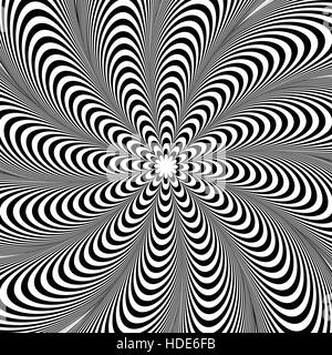 Abstract element with radiating lines. Monochrome concentric, radial pattern. Distortion, deformation effect on circular shape. Stock Vector