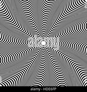 Abstract element with radiating lines. Monochrome concentric, radial pattern. Distortion, deformation effect on circular shape. Stock Vector