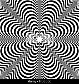 Abstract element with radiating lines. Monochrome concentric, radial pattern. Distortion, deformation effect on circular shape. Stock Vector