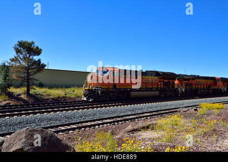 BNSF diesel locomotives at front of train, Flagstaff, Arizona Stock Photo