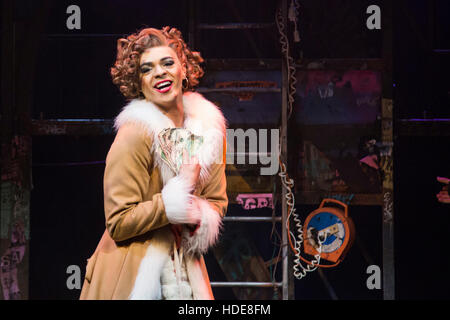 Layton Williams as Angel Schunard. Rent - The Musical runs at St James Theatre from 8 December 2016 to 28 January 2017. The new 20th Anniversary production of Jonathan Larson's Pulitzer Prize- and Tony Award-winning musical is directed by Bruce Guthrie. With Billy Cullum as Mark Cohen, Ross Hunter as Roger Davis, Ryan O'Gorman as Tom Collins, Javar La'trial Parker as Benjamin Coffin III, Layton Williams as Angel Schunard, Philippa Stefani as Mimi Marquez, Lucie Jones as Maureen Jonson and Shanay Holmes as Joanne Jefferson. Stock Photo