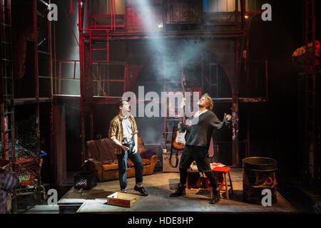 Billy Cullum and Ross Hunter performing on stage. Rent - The Musical runs at St James Theatre from 8 December 2016 to 28 January 2017. The new 20th Anniversary production of Jonathan Larson's Pulitzer Prize- and Tony Award-winning musical is directed by Bruce Guthrie. With Billy Cullum as Mark Cohen, Ross Hunter as Roger Davis, Ryan O'Gorman as Tom Collins, Javar La'trial Parker as Benjamin Coffin III, Layton Williams as Angel Schunard, Philippa Stefani as Mimi Marquez, Lucie Jones as Maureen Jonson and Shanay Holmes as Joanne Jefferson. Stock Photo