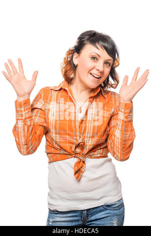 portrait of an enthusiastic girl in orange shirt and jeans on white background Stock Photo