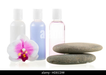 set of cosmetics and stones for spa treatments isolated Stock Photo