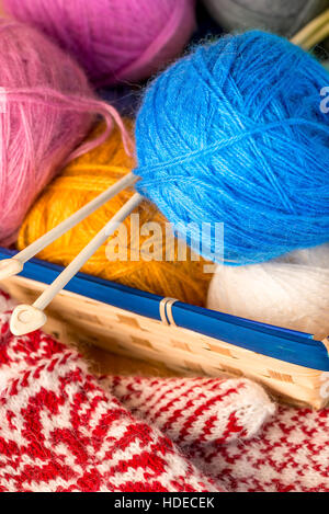 closeup of bright wool threads in a basket Stock Photo