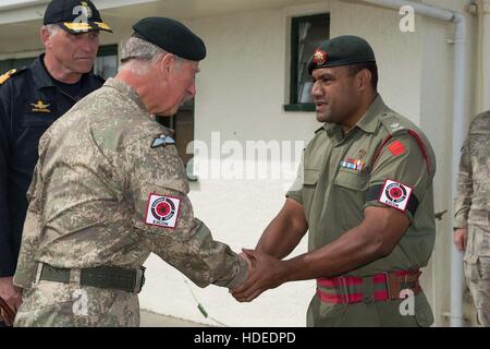 Charles, Prince of Wales shakes hands with a Fijian soldier during Exercise Southern Katipo November 7, 2015 in Westport, New Zealand. Stock Photo