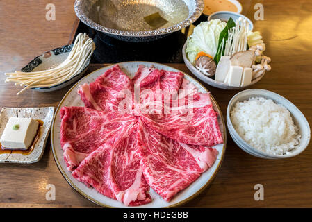 A5 Wagyu beef set for Sukiyaki Shabu Shabu with Vegetable, Groumet Japanese hot pot cuisine Stock Photo