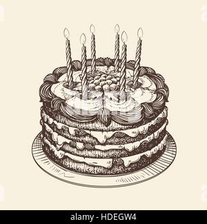 Happy Birthday. Cake with burning candles. Vector illustration Stock Vector