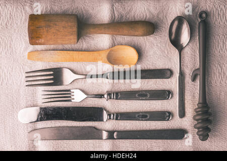 Tableware on the white cloth top view Stock Photo