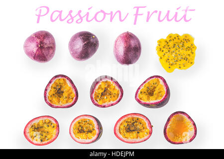 Collage of passion fruit on the white background Stock Photo