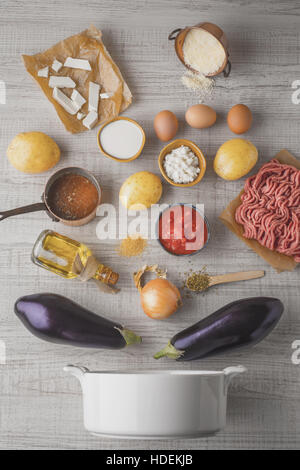 Ingredients for moussaka on the white table Stock Photo