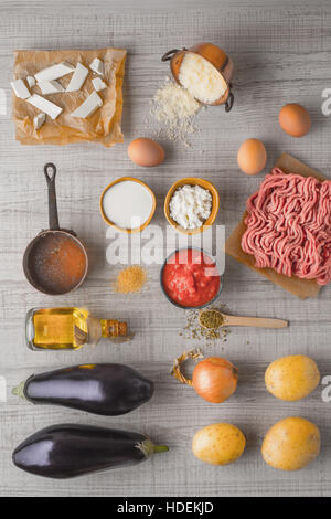 Ingredients for moussaka on the white table  vertical Stock Photo