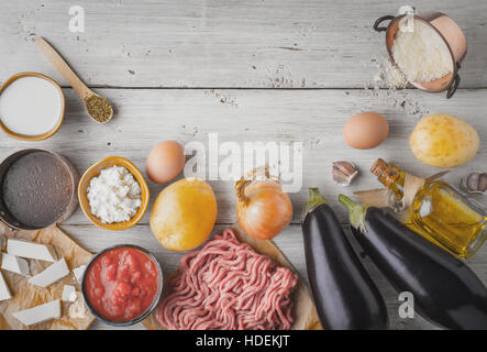 Ingredients for moussaka on the white  wooden table  top view Stock Photo