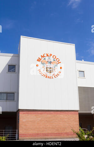 The crest of Blackpool Football Club on the exterior of Bloomfield Road stadium. Stock Photo