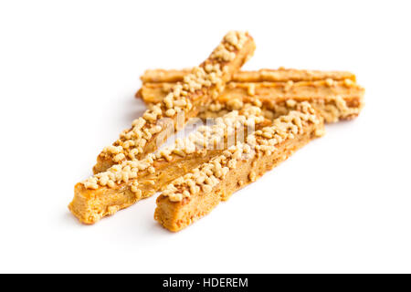 Crispy bread sticks with cheese isolated on white background. Stock Photo