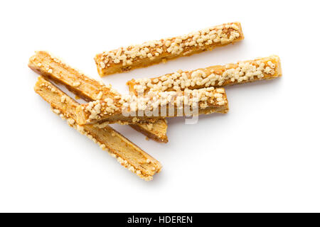 Crispy bread sticks with cheese isolated on white background. Stock Photo