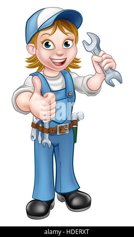 A plumber or mechanic handyman cartoon character holding a spanner and giving a thumbs up Stock Photo