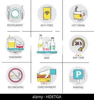 Any Time Open Restaurant Bar Service Public Sign Icon Set Vector Illustration Stock Vector