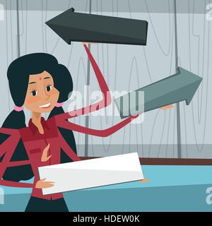 Indian Business Woman With Many Hands Choose Direction Way Signboard Arrow Mix Race Businessman Flat Vector Illustration Stock Vector