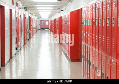 Red school lockers at PS87 William T.Sherman School, Upper West Side, Manhattan, New York City. United States of America. Stock Photo