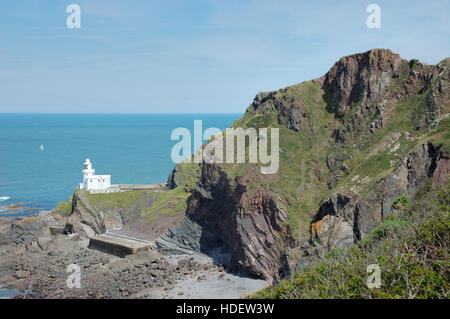 Hartland Point Lighthouse from Blagdon Cliff with the Bristol Channel on the east side and the Atlantic ocean on the west side. Stock Photo