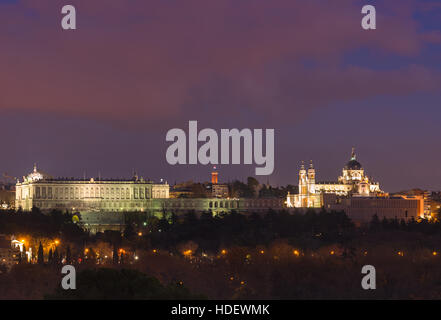 Madrid, Spain skyline at Santa Maria la Real de La Almudena Cathedral and the Royal Palace. Stock Photo