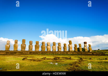 View of platform with 15 Moai on Easter Island in Chile Stock Photo