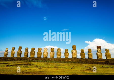 View of platform with 15 Moai at Ahu Tongariki on Easter Island in Chile Stock Photo