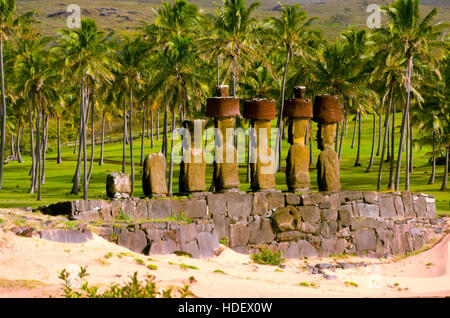 Moai at a beach on Easter Island, Chile Stock Photo