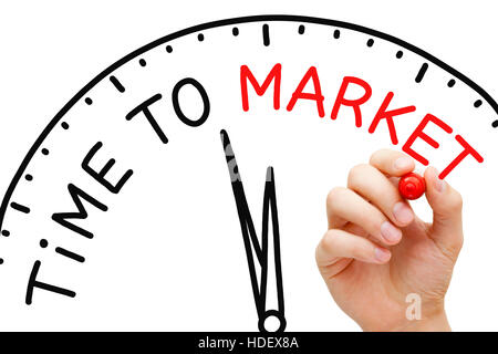 Hand writing Time to Market clock concept with red marker on transparent wipe board. Stock Photo