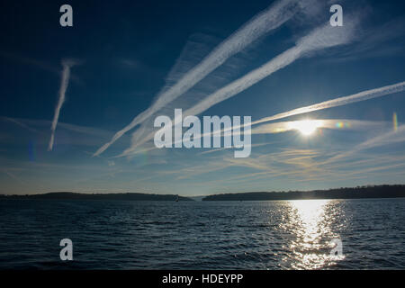 A beautiful clear blue Pembrokeshire sky with an unusual formation of light clouds. Stock Photo