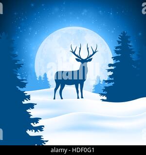 Lonely deer in snowbound forest on background moon. Christmas winter landscape Stock Vector