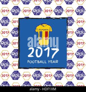 Football hand drawn pattern. With Romania country flag and t-shirt. 2017 Football Year. Stock Vector