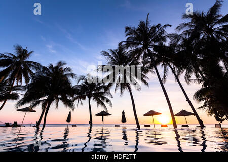 Palm trees and infinity swimming pool at a luxurious tropical beachfront hotel resort, sunset Stock Photo