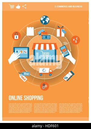 Online shopping, e-payment and retail concepts on a network with a laptop, poster template Stock Vector
