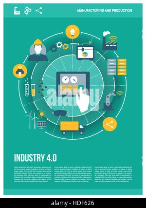 Industry 4.0, automation, internet of things concepts and tablet with human machine interface, poster layout Stock Vector