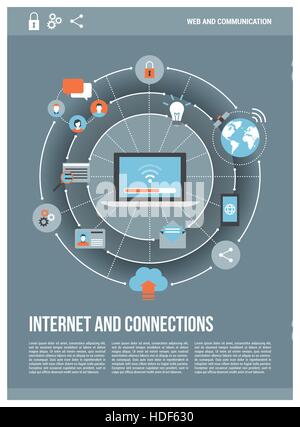 Internet, connections and social media concepts on a network with laptop connecting at center, page layout Stock Vector