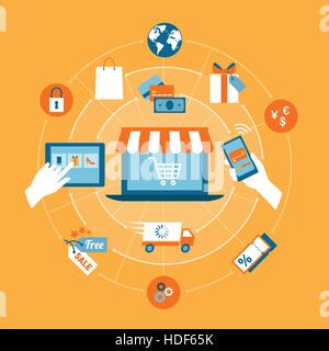 Online shopping, e-payment, retail and delivery concept, laptop with shopping cart at center Stock Vector