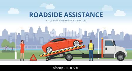 Roadside assistance and car insurance concept: broken car on a tow truck and woman calling emergency services Stock Vector