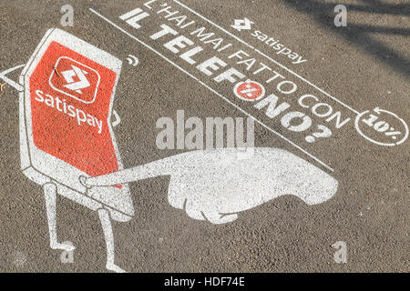 Satispay (a digital company for payments) advertising in the street. Torino, Italy. Stock Photo