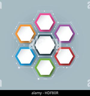 Vector molecule with 3D paper label, integrated Hexagon background. Blank space for content, business, infographic, diagram, digital network, flowchar Stock Vector