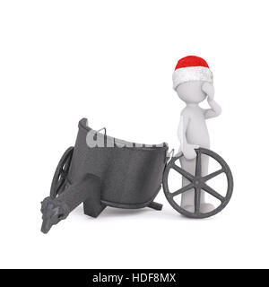 Sad 3d toon figure in Santa hat with broken chariot wheel on white Stock Photo