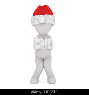 Embarrassed or scared 3d figure in a red Santa hat standing with clenched knees holding its hands over its chest, isolated rendered illustration on wh Stock Photo