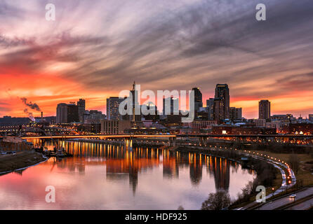 Saint Paul Minnesota skyline from Dayton's Bluff with skyline reflection in the Mississippi River.. Stock Photo