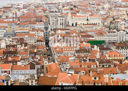 View of Baixa, Bairro Alto and the Santa Justa Elevator from the Castelo do Sao Jorge, Lisbon, Portugal, Europe Stock Photo