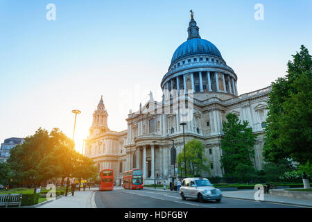 LONDON, ENGLAND - St. Paul Cathedral and red buses in London, Great Britain Stock Photo