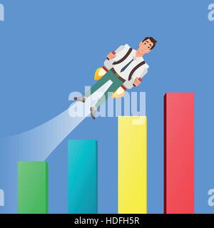 Happy businessman flying on jetpacks to his goal Stock Vector