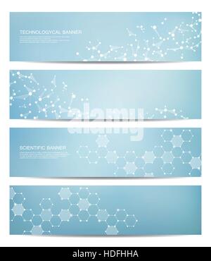Set of modern scientific banners. Molecule structure DNA and neurons. Abstract background. Medicine, science, technology. Vector illustration for your design. Stock Vector