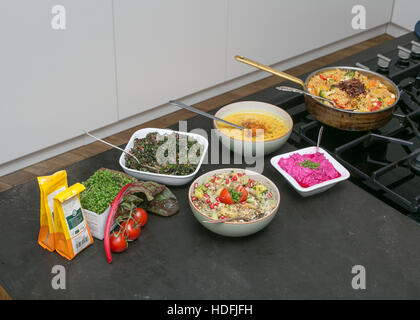 Selection of ayurvedic food,sprout salad,beetroot dip,fried greens,daal soup and vegetable biryani Stock Photo