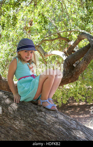 adorable school age girl sitting on tree in park in summertime Stock Photo